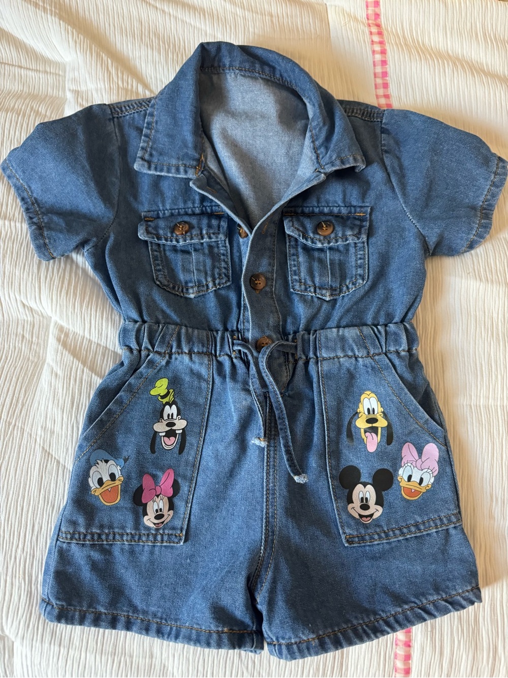 Kids Denim Short Romper with Disney Character Patches - Blue